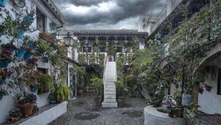Lluvia intensa revitaliza los Patios de C&oacute;rdoba durante el temporal y protege la tradici&oacute;n cultural local &mdash; Imagen apoyada por IA