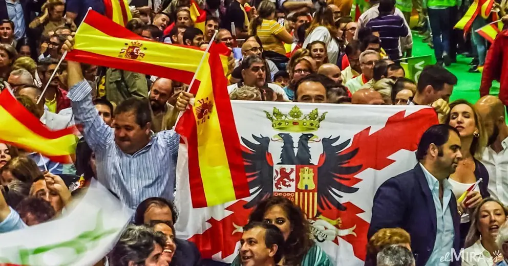 P&uacute;blico enarbolando banderas durante el mit&iacute;n de Santiago Abascal en Jerez | Jes&uacute;s Catal&aacute;n, elMIRA.es