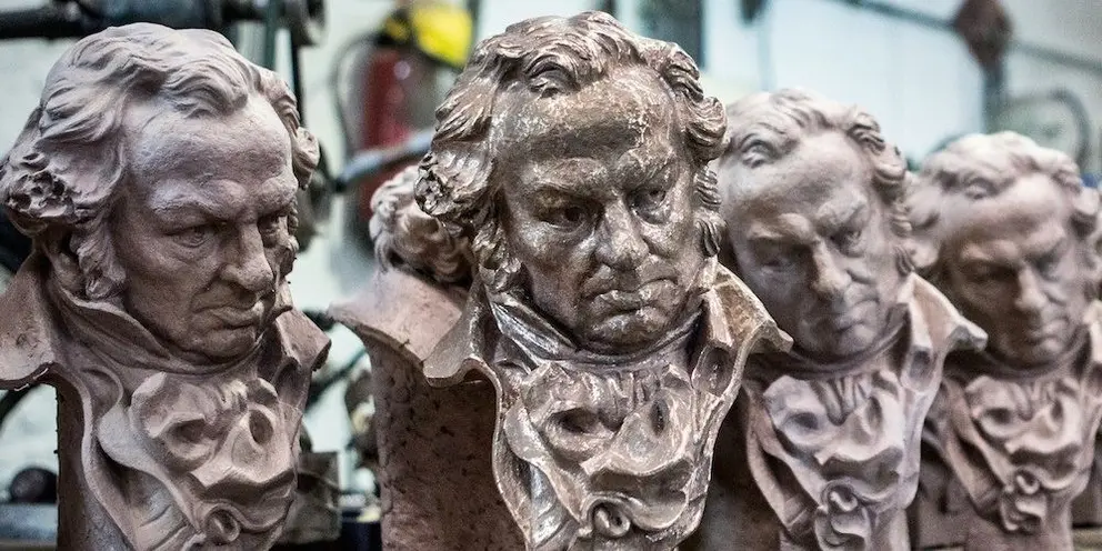 MADRID, SPAIN - DECEMBER 07: Craftsmen make the trophies for the 30th Goya Awards in preparation for the awards ceremony which takes place in February, on December 7, 2015 in Madrid, Spain. Artwork by Jos&Egrave; Luis Fern&middot;ndez (Photo by Pablo Cuadra/Getty Images)