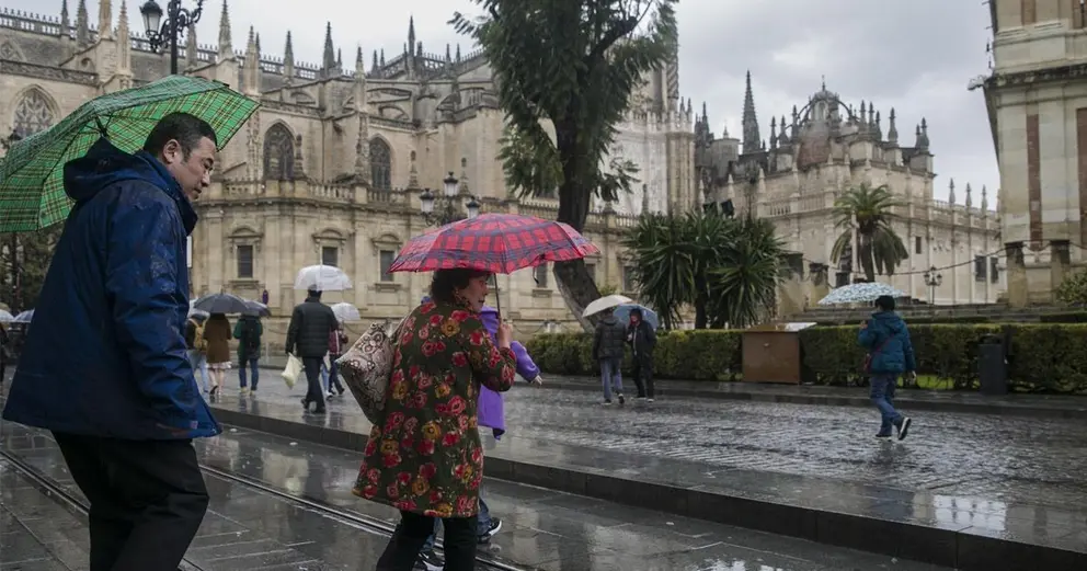 Personas con paraguas por el centro de Sevilla | EP