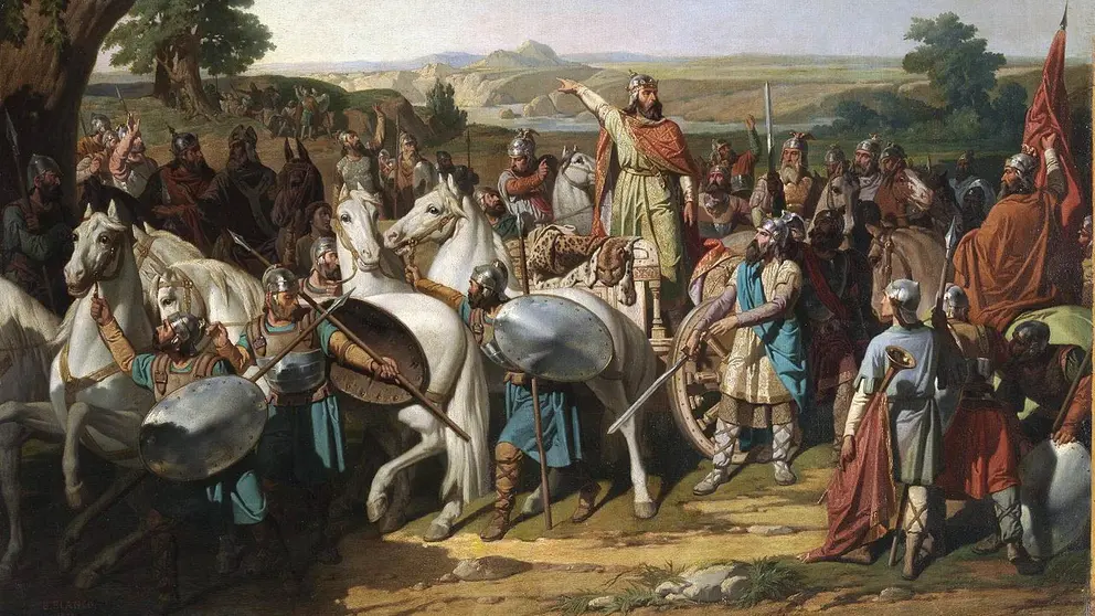 El rey Don Rodrigo arengando a sus tropas en la batalla de Guadalete, de Bernardo Blanco y P&eacute;rez