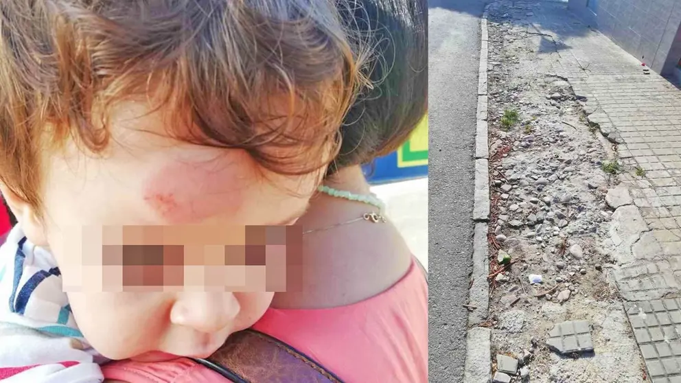Cae un ni&ntilde;o en brazos de su madre por el mal estado de la acera en Jerez