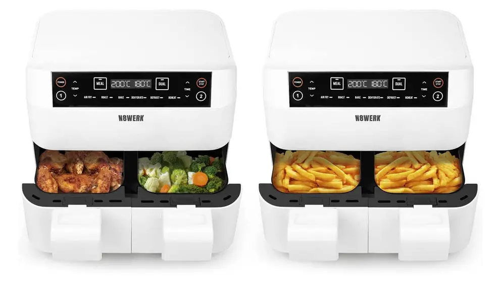 N8WERK Freidora de Doble C&aacute;mara de Aire Caliente Blanca con 2 Zonas de Cocci&oacute;n