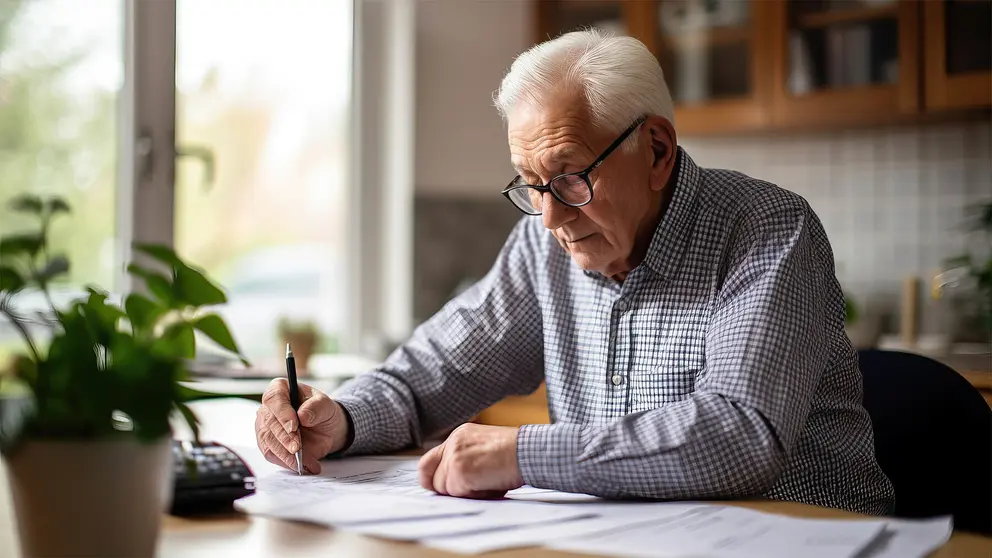 Hombre jubilado cumplimenta documentaci&oacute;n en una mesa