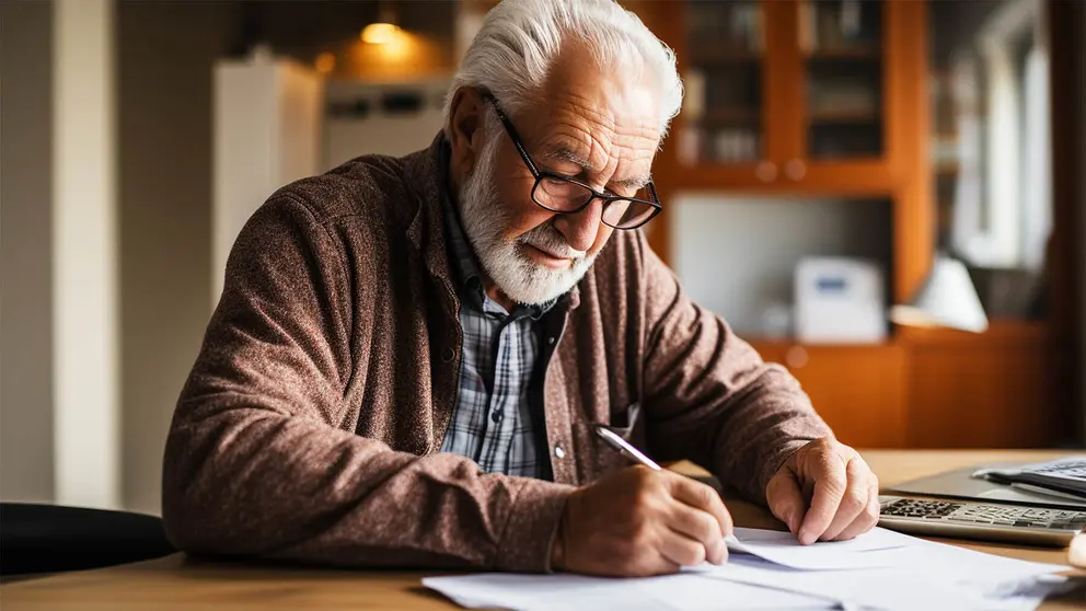 Hombre pensionista rellena documentaci&oacute;n