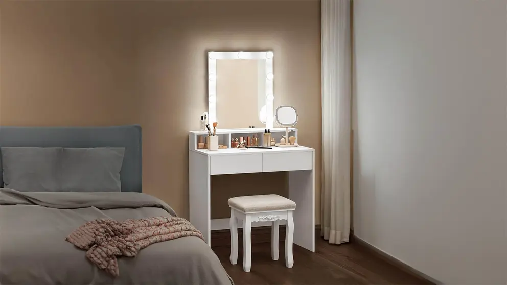 Mesa de maquillaje con espejo con luces LED ajustables de la firma VASAGLE de venta en AMAZON