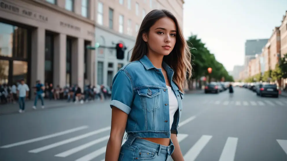 Una joven vestida con ropa vaquera camina con confianza por la calle de la ciudad