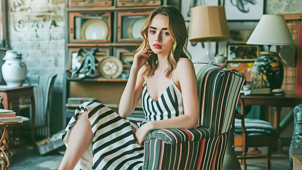 Mujer a la moda sentada prob&aacute;ndose unas sandalias