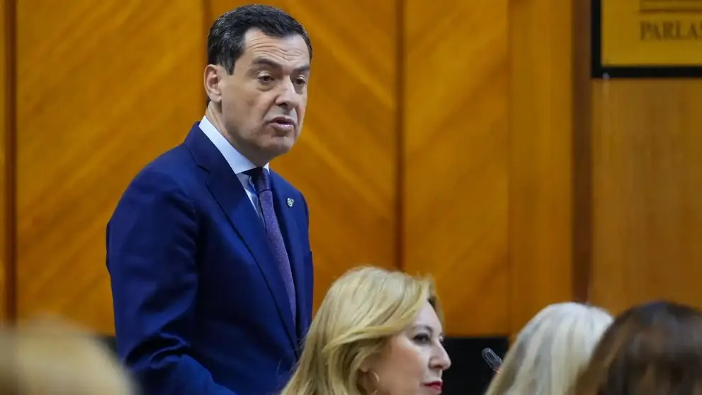 Juanma Moreno, se dirige a Juan Espadas en el Parlamento de Andaluc&iacute;a