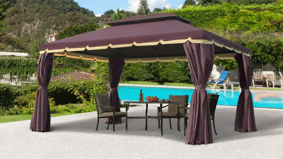 Cenador de jard&iacute;n con 4 cortinas y doble techo Outsunny