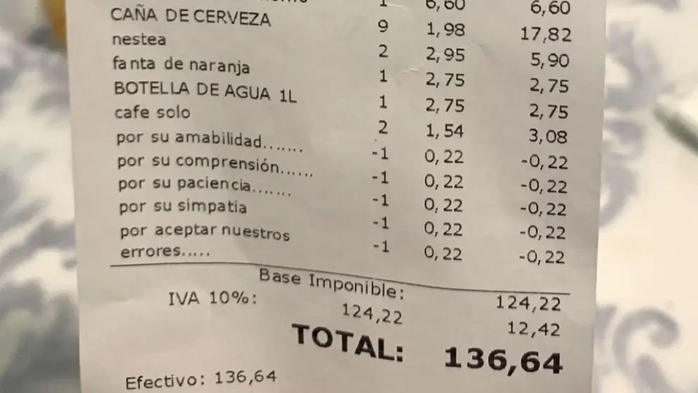 Ticket viral de un restaurante de Granada