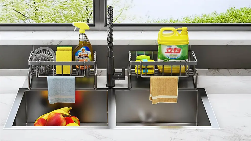 Organizador de fregadero de acero inoxidable con bandeja de drenaje