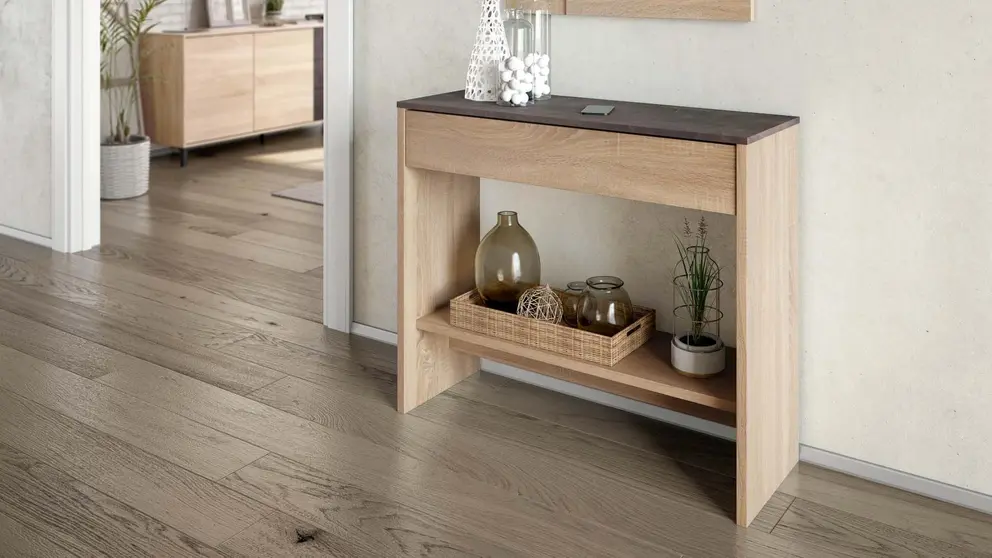 Mueble recibidor Hera con espejo y caj&oacute;n de madera en tono roble en Leroy Merlin