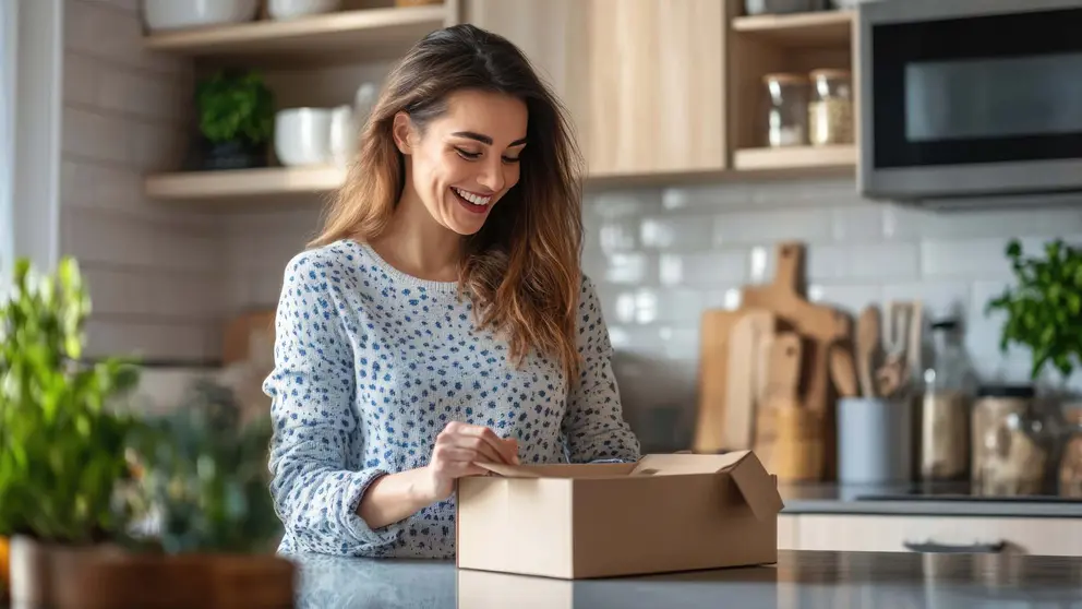 Mujer abre paquete en casa