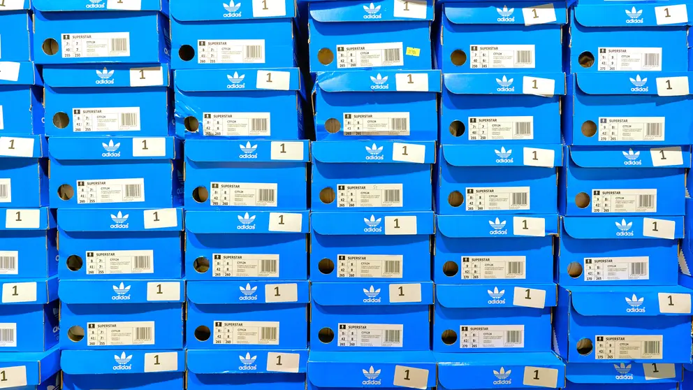 HONG KONG, CHINA - CIRCA JANUARY, 2019: stacked Adidas footwear boxes at a store at New Town Plaza shopping mall in Hong Kong.