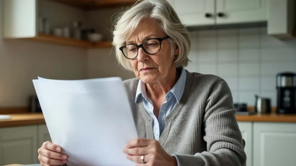 Mujer lee preocupada documentos de la pensi&oacute;n
