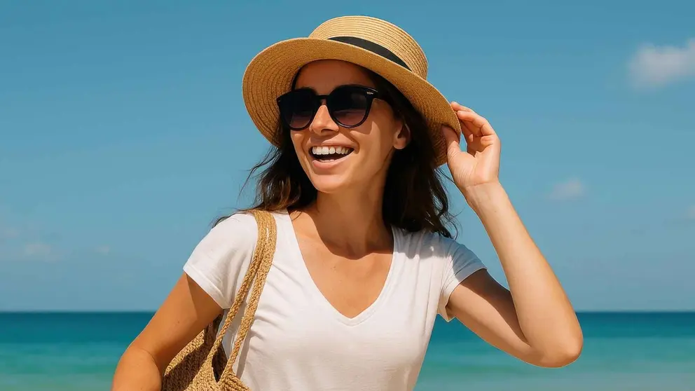 Una mujer en la playa con un bolso de Parfois