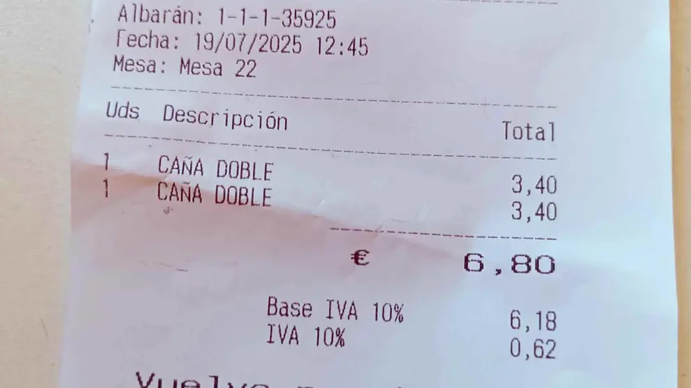 Ticket del cliente indignado en un bar de Jerez