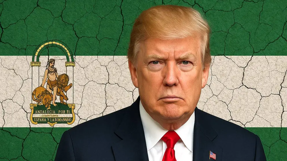 Recreaci&oacute;n del presidente Donald Trump con el fondo de bandera de Andaluc&iacute;a desquebrajada por la preocupaci&oacute;n de la subida de los aranceles en las exportaciones