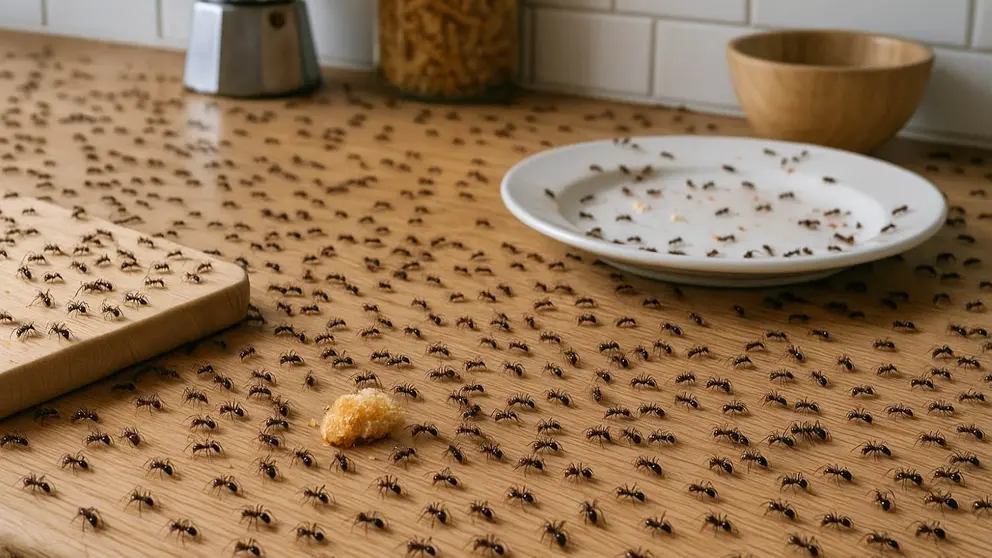 Recreaci&oacute;n de plaga de hormigas en una cocina