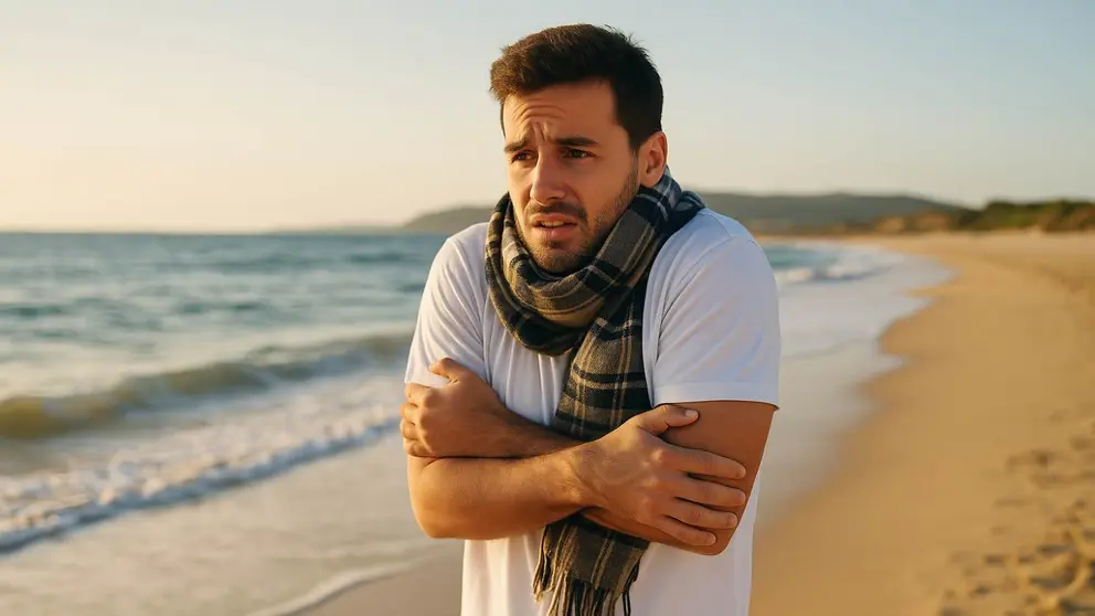 Del calor extremo al respiro, Andaluc&iacute;a vivir&aacute; un fin de semana casi oto&ntilde;al seg&uacute;n Aemet | Recreaci&oacute;n de un ba&ntilde;ista mostrando fr&iacute;o en una playa andaluza este agosto