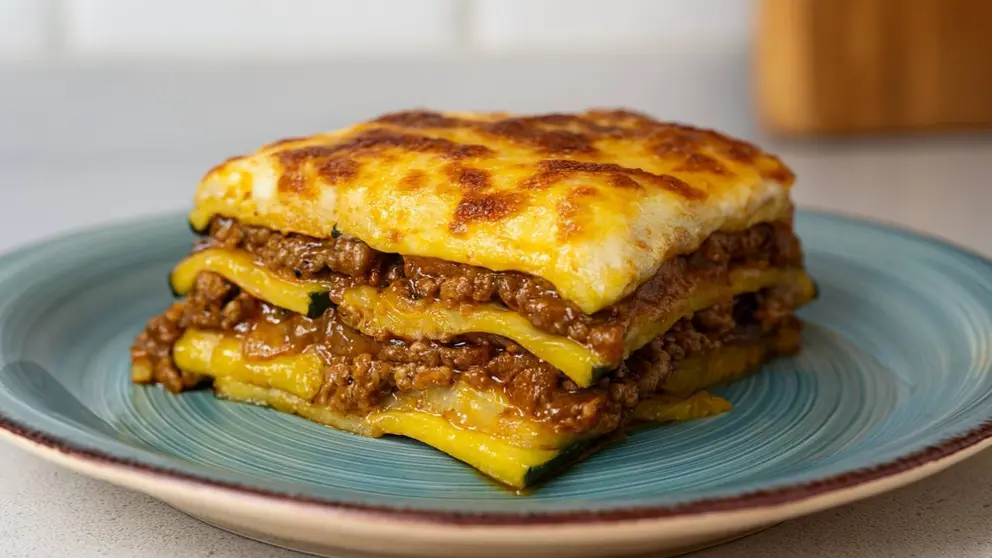 La lasa&ntilde;a de calabac&iacute;n m&aacute;s jugosa con carne picada, bechamel casera y gratinado de queso