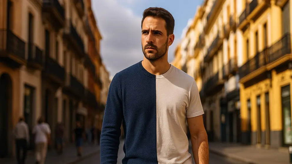 As&iacute; ser&aacute; el tiempo en Andaluc&iacute;a este viernes, s&aacute;bado y domingo, menos calor y posibles tormentas - Recreaci&oacute;n de imagen de var&oacute;n con mitad de calle nublada y mitad con cielo despejado