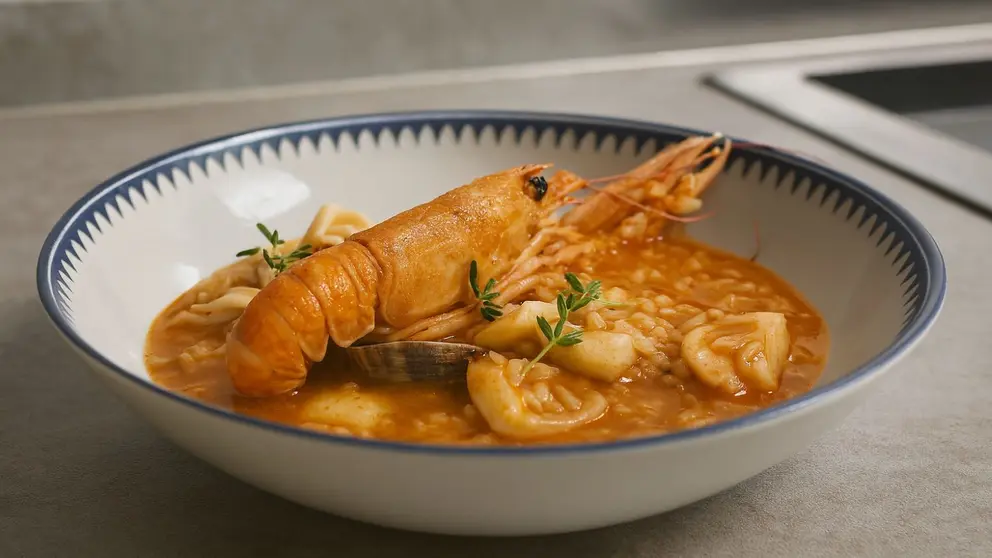 Un arroz caldoso marinero lleno de sabor con chocos, almejas y cigalas