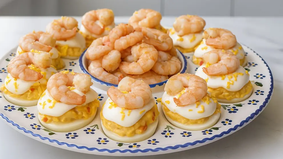 Unos huevos rellenos jugosos con gambas al ajillo para disfrutar en familia