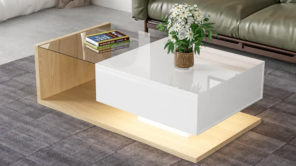 Mesa de centro con un caj&oacute;n y estantes y LED de Leroy Merlin