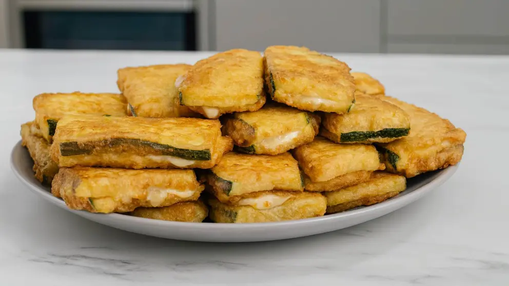 Preparaci&oacute;n f&aacute;cil de s&aacute;ndwich de calabac&iacute;n rebozado y crujiente listo en minutos