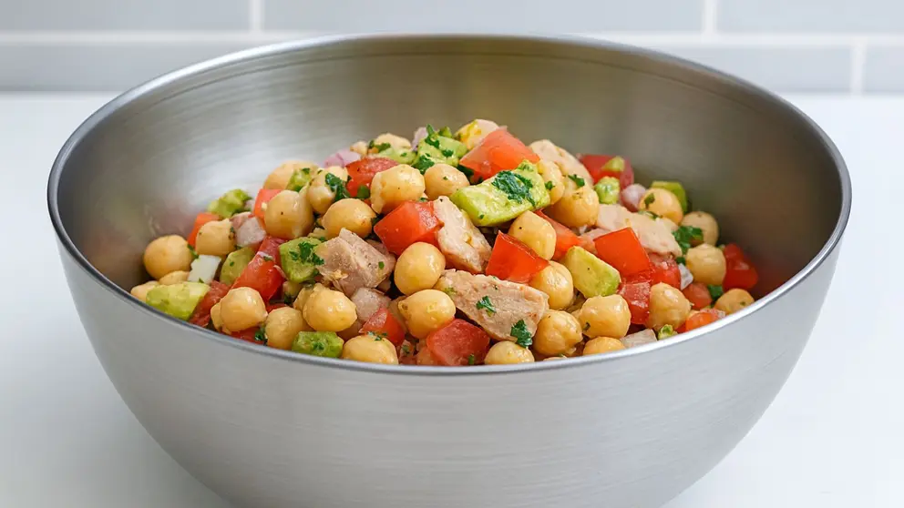 Una ensalada fresca y completa con garbanzos, perejil y aceite de oliva virgen extra