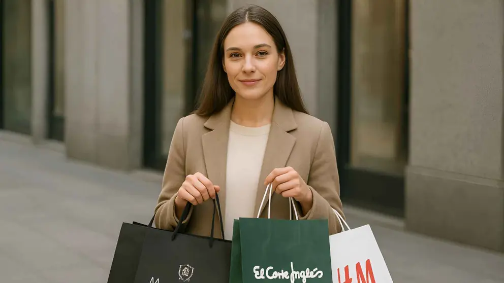 Una mujer con bolsas de compra de Massimo Dutti, El Corte Ingl&eacute;s y H&M