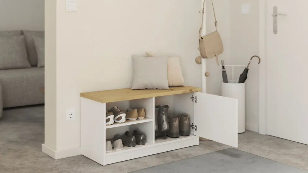 Banco zapatero moderno con 3 puertas y coj&iacute;n en Leroy Merlin