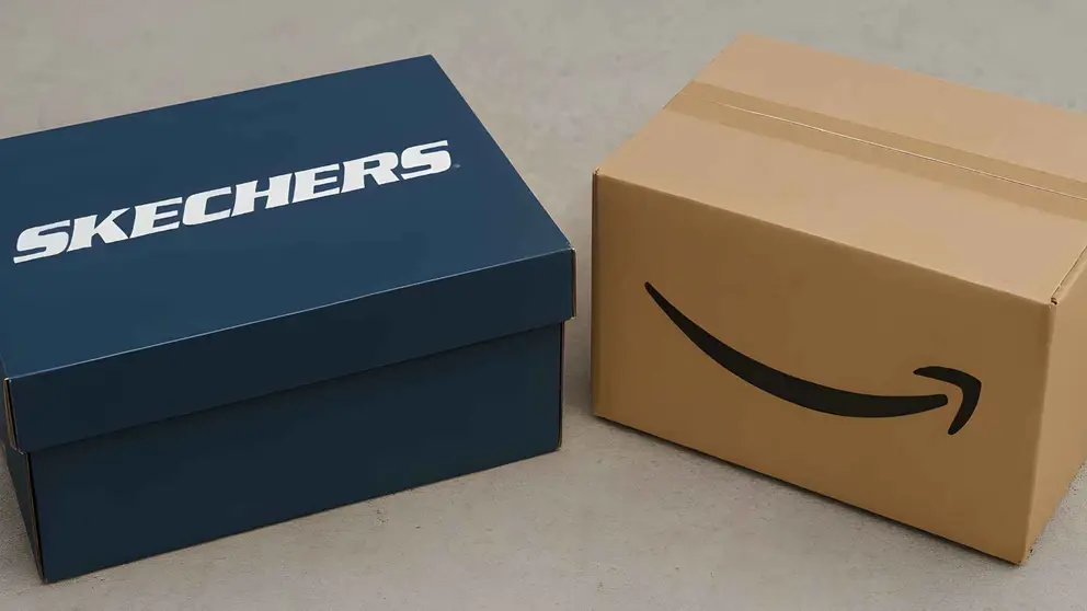 Cajas de zapatillas Sekchers junto a una caja de Amazon