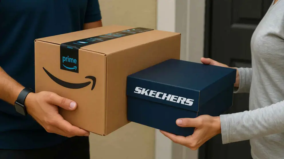 Repartidor de Amazon entrega una caja de zapatillas Skechers