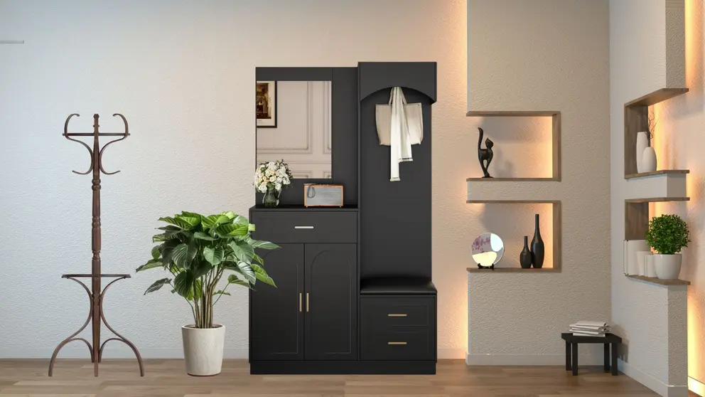 Conjunto zapatero con espejo y banco en Leroy Merlin