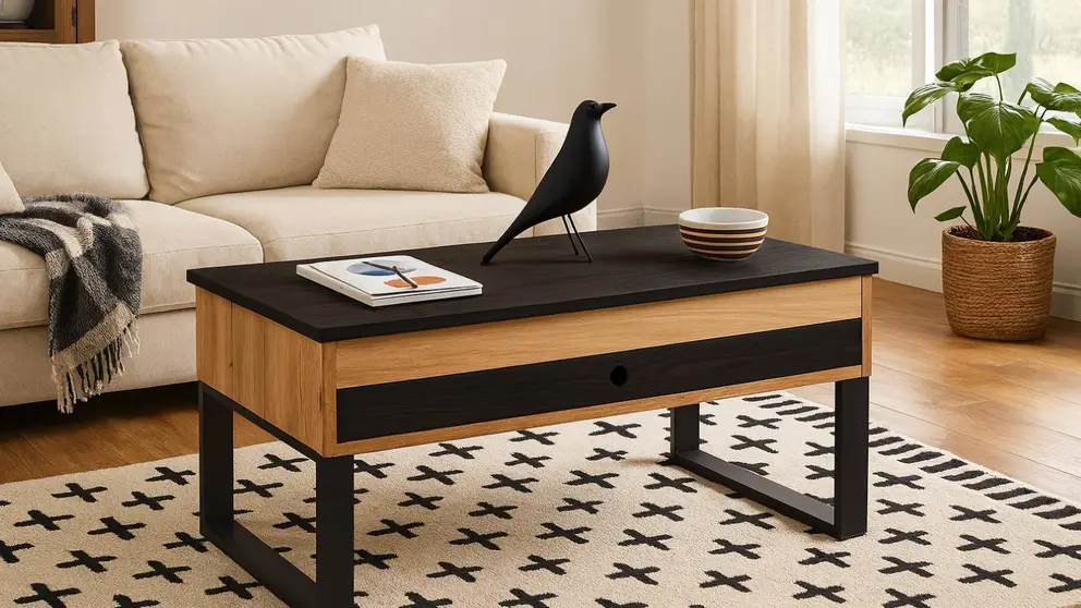 Mesa de centro elevable caj&oacute;n deslizante de madera maciza natural 