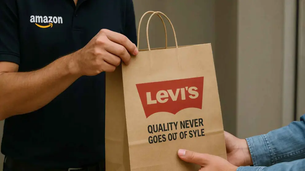 Un repartidor de Amazon entrega una bolsa de compra de Levi's