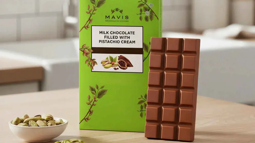 Tableta de chocolate Premium con leche rellena de crema de pistacho, Mavis de El Corte Ingl&eacute;s