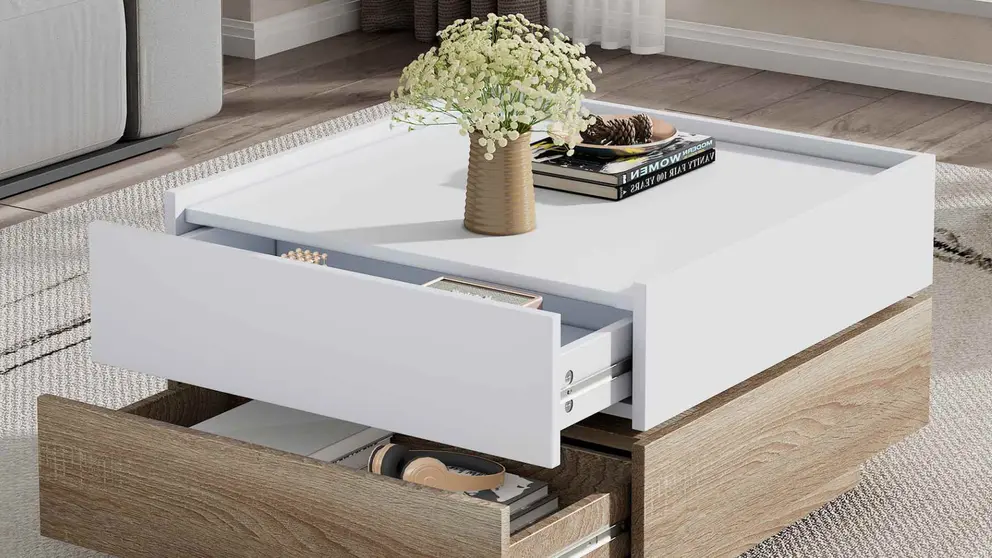 Leroy Merlin rebaja la mesa de centro m&aacute;s buscada para el sal&oacute;ncon tablero giratorio y dos cajones