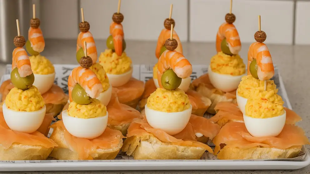 Bandeja de canap&eacute;s con salm&oacute;n, huevos y langostinos