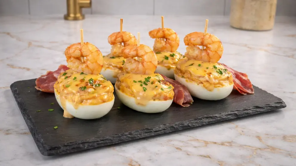 Huevos rellenos con gambas al ajillo y jam&oacute;n ib&eacute;rico