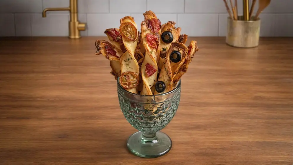 Palitos de hojaldre crujientes con tomates, aceitunas negras y pimientos del piquillo