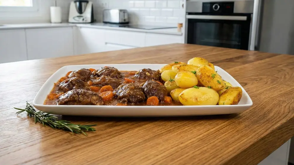 Carrillada de cerdo en salsa con patatas asadas