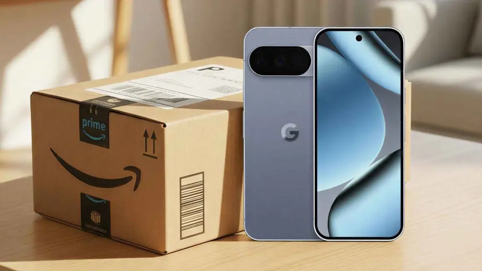 Smartphone Google Pixel 10 Pro junto a una caja de Amazon