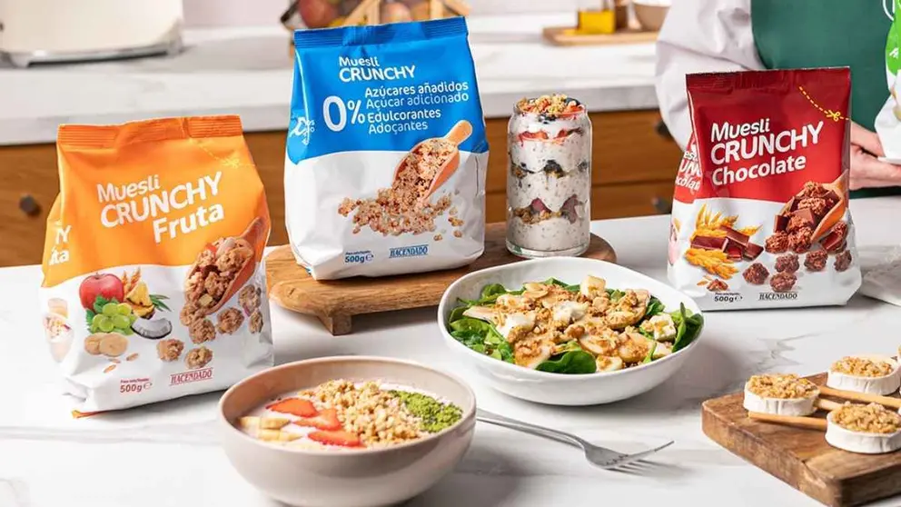 Muesli Crunchy Hacendado 0% az&uacute;cares a&ntilde;adidos y 0% edulcorantes de Mercadona