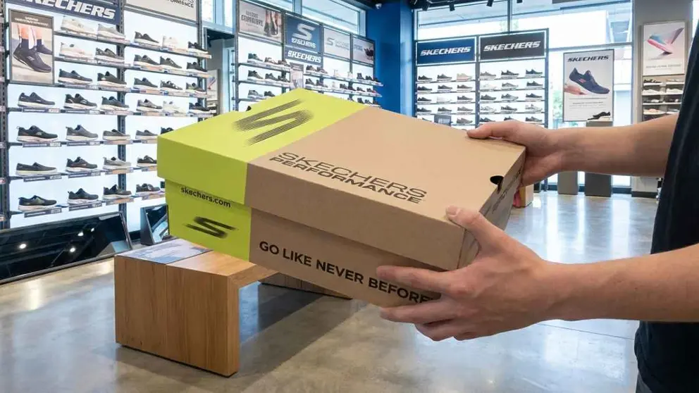 Caja de zapatillas Skechers en una tienda