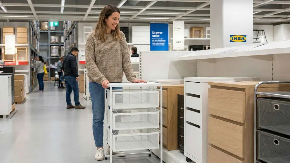 Una mujer con la cajonera LENNART de Ikea