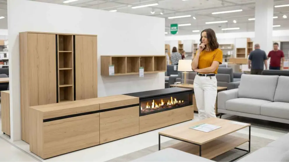 Este mueble de televisi&oacute;n de Leroy Merlin destaca por su particular dise&ntilde;o con chimenea el&eacute;ctrica que aporta mucha clase al sal&oacute;n